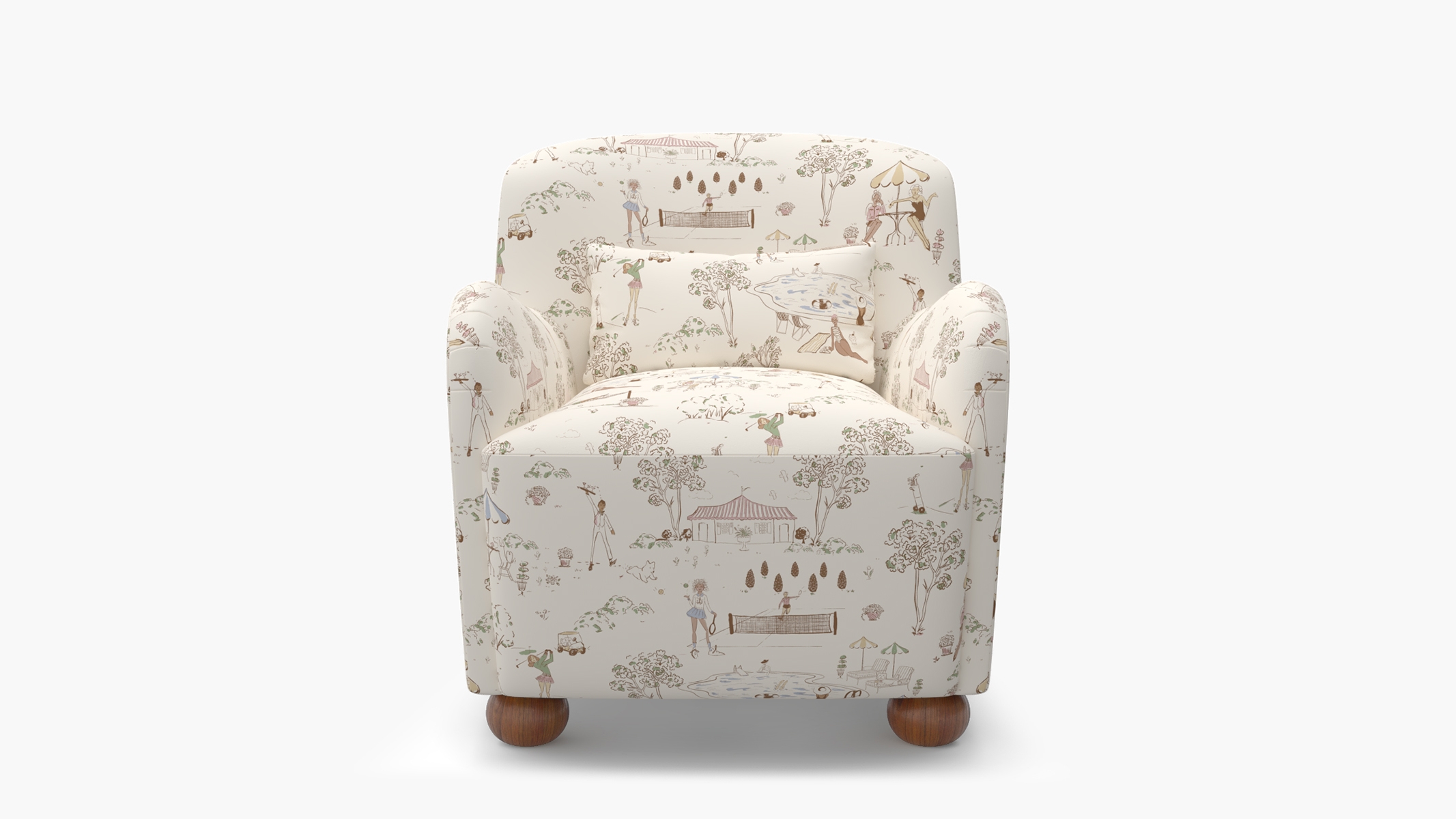 Club Chair, Multi Country Club Toile, Walnut Bun Foot - Image 0