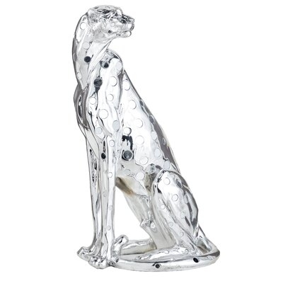 Tall Silver Polystone Sitting Leopard With Mirrored Spots, 13" X 23" - Image 0