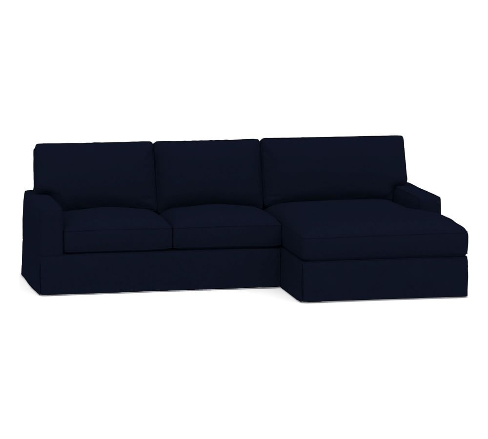PB Comfort Square Arm Slipcovered Left Arm Loveseat with Wide Chaise Sectional, Box Edge, Down Blend Wrapped Cushions, Performance Everydaylinen(TM) by Crypton(R) Home Navy - Image 0