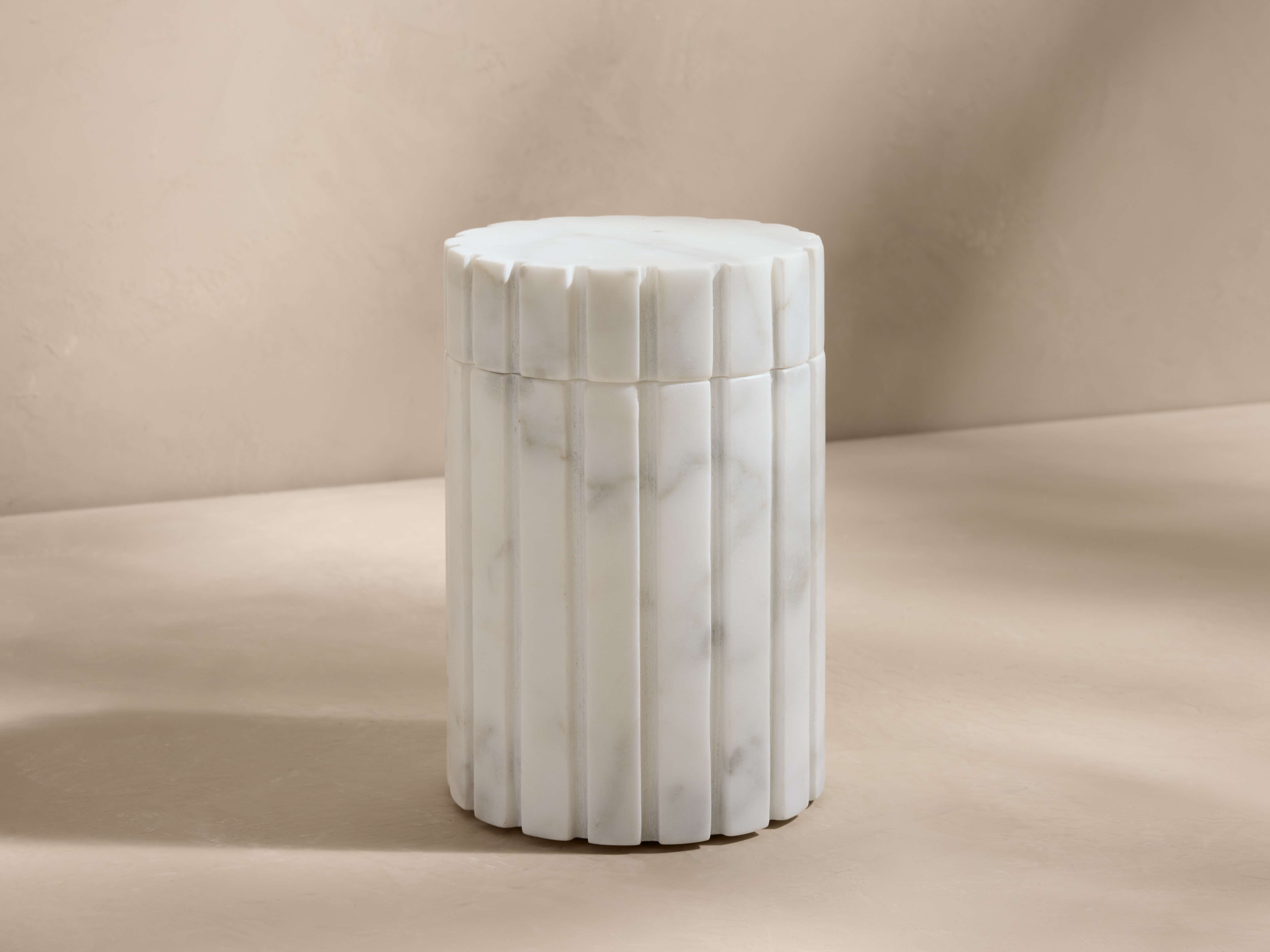 Aster Ribbed Canister in Carrara Marble Small White - Image 0