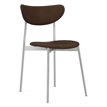 Modern Petal Fully Upholstered Dining Chair, Vegan Leather, Molasses, Chrome - Image 0