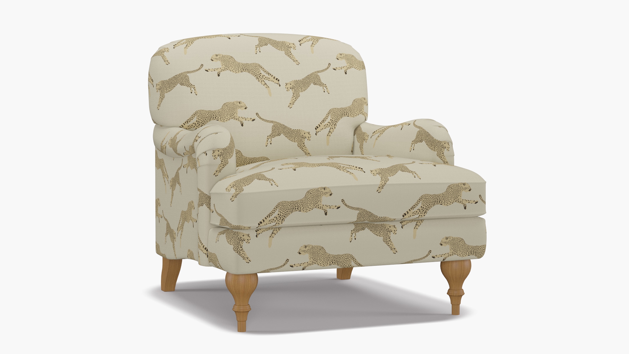 English Roll Arm Chair, Desert Cheetah, Natural Turned Wood Leg - Image 1