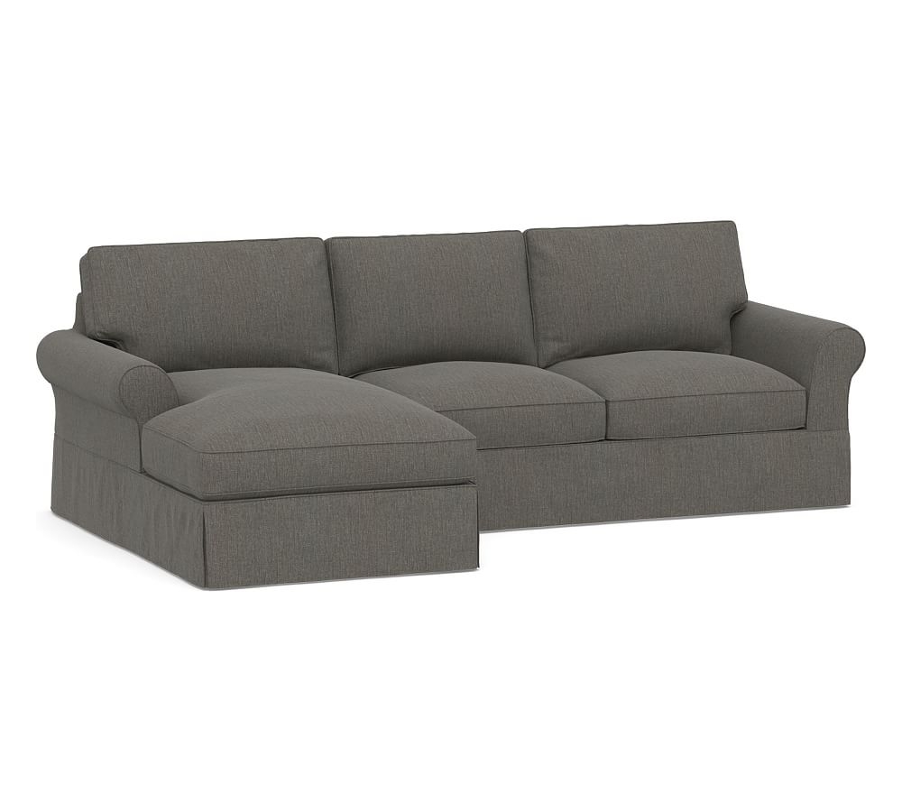 PB Comfort Roll Arm Slipcovered Right Arm Loveseat with Chaise Sectional, Box Edge, Down Blend Wrapped Cushions, Chenille Basketweave Charcoal - Image 0