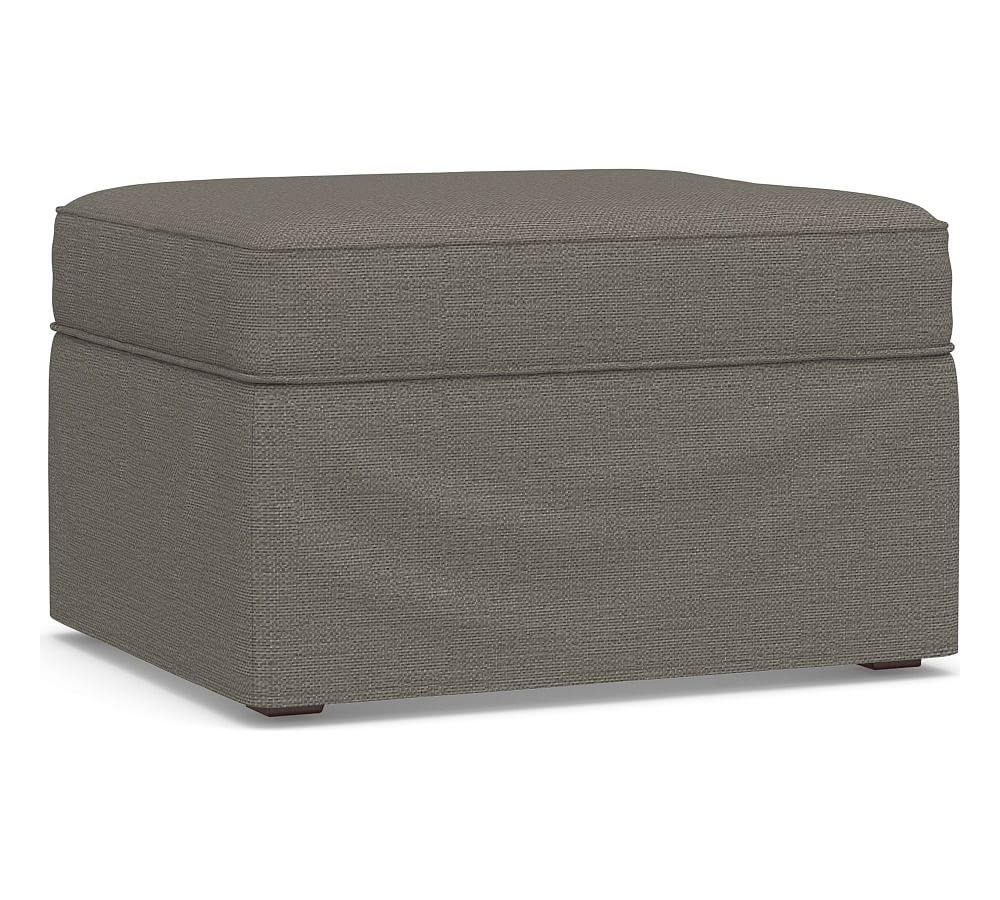 Cameron Roll Arm Slipcovered Ottoman, Polyester Wrapped Cushions, Chunky Basketweave Metal - Image 0