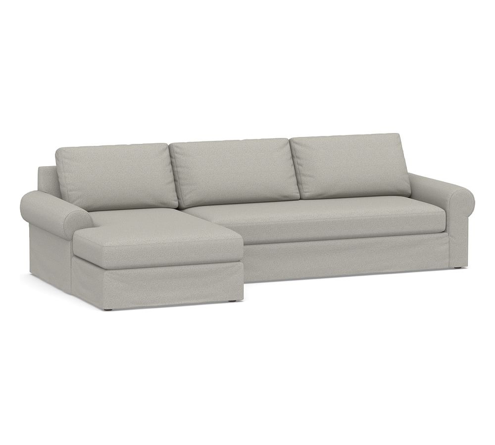 Big Sur Roll Arm Slipcovered Right Arm Sofa with Chaise Sectional and Bench Cushion, Down Blend Wrapped Cushions, Performance Boucle Pebble - Image 0