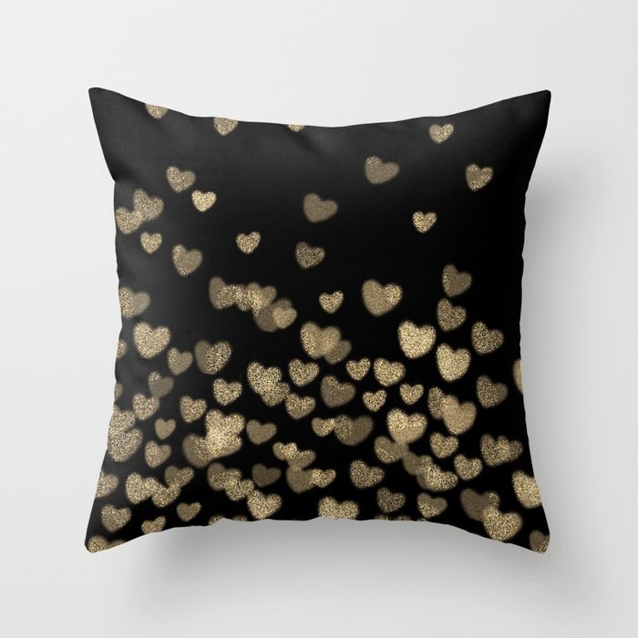 Glitter Hearts - Black Background For Trendy Girls Throw Pillow by Charlottewinter - Cover (18" x 18") With Pillow Insert - Outdoor Pillow - Image 0