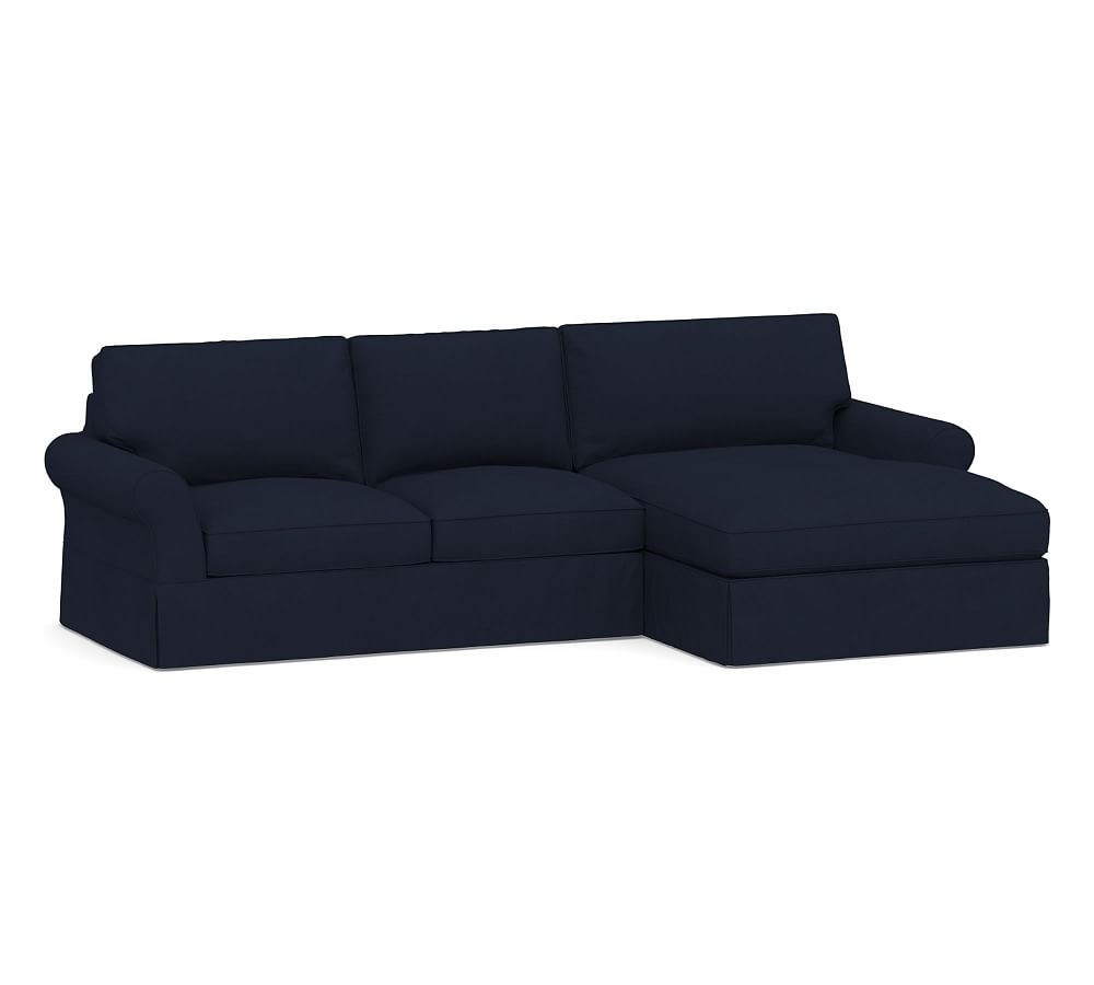 PB Comfort Square Arm Slipcovered Left Arm Loveseat with Wide Chaise Sectional, Box Edge, Down Blend Wrapped Cushions, Twill Cadet Navy - Image 0