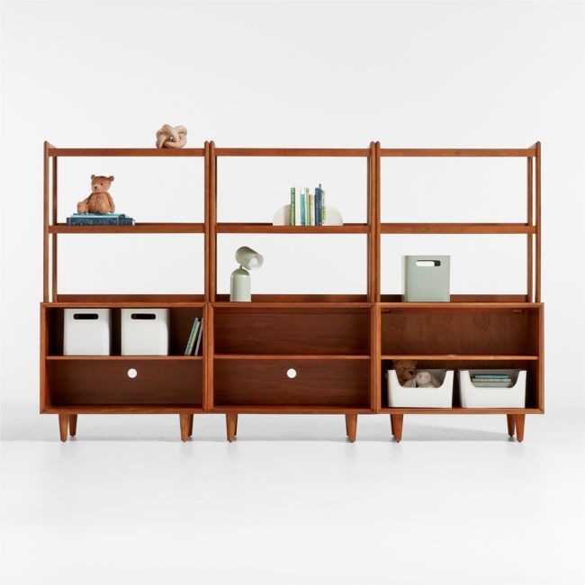 Tatum Set of 3 Modular Walnut Wood Kids Open Bookcases with Hutches - Image 0