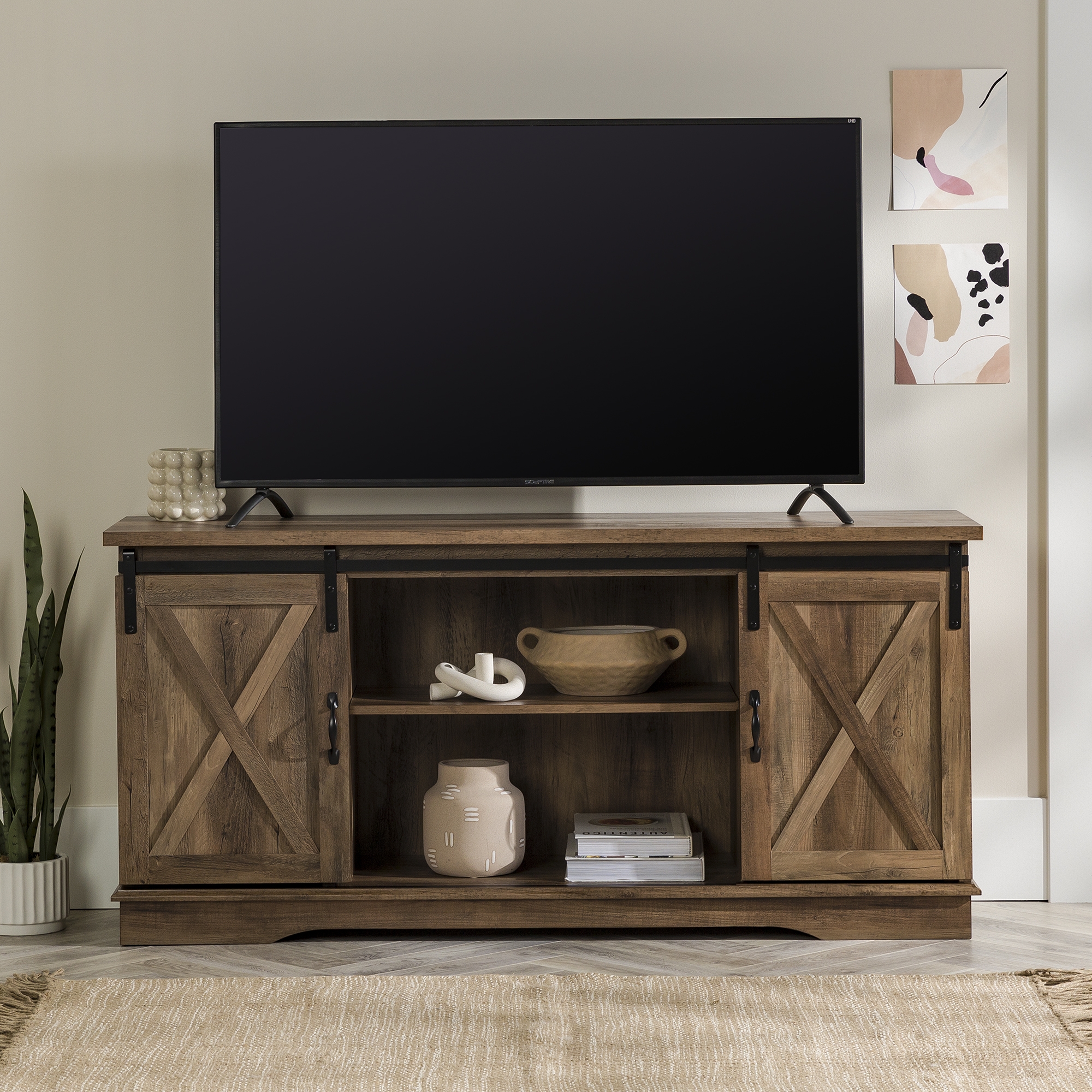 58" Sliding Barn Door Modern Farmhouse Wood TV Stand - Rustic Oak - Image 5
