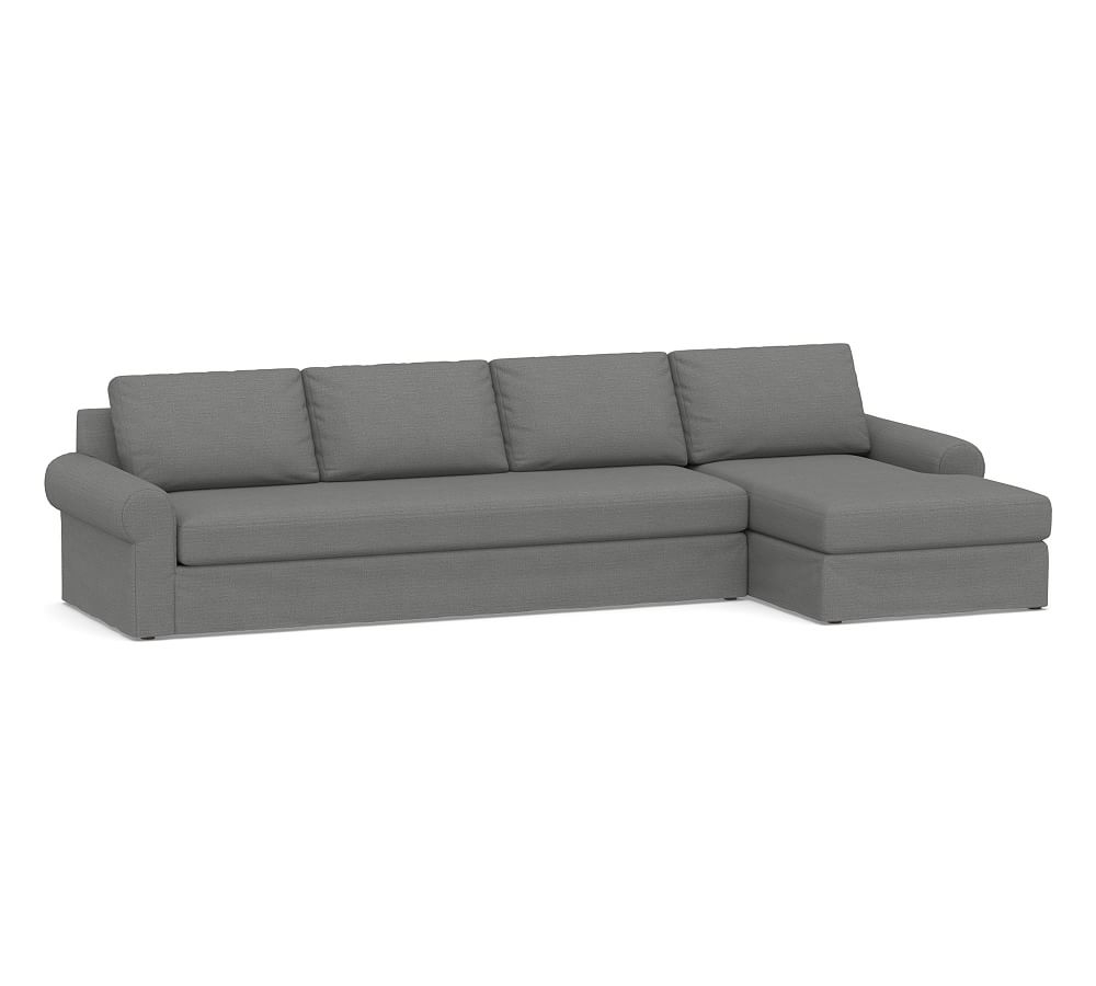 Big Sur Roll Arm Slipcovered Left Arm Grand Sofa with Chaise Sectional and Bench Cushion, Down Blend Wrapped Cushions, Basketweave Slub Charcoal - Image 0