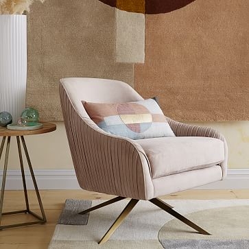 Roar & Rabbit Swivel Chair, Poly, Yarn Dyed Linen Weave, Alabaster, Antique Brass - Image 1