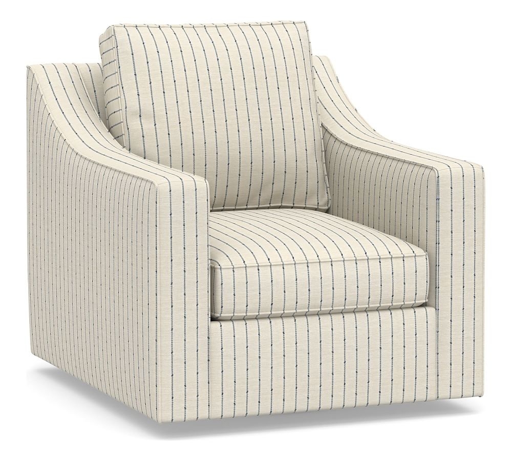 Cameron Slope Arm Upholstered Deep Seat Swivel Armchair, Polyester Wrapped Cushions, Slubby Pinstripe Blue - Image 0