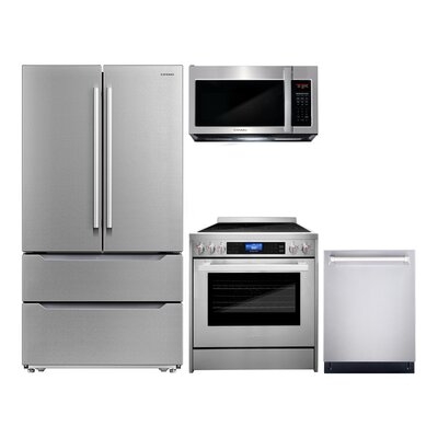 4 Piece Kitchen Package With 30" Over The Range Microwave 30" Freestanding Electric Range 24" Built-in Fully Integrated Dishwasher & Energy Star French Door Refrigerator - Image 0