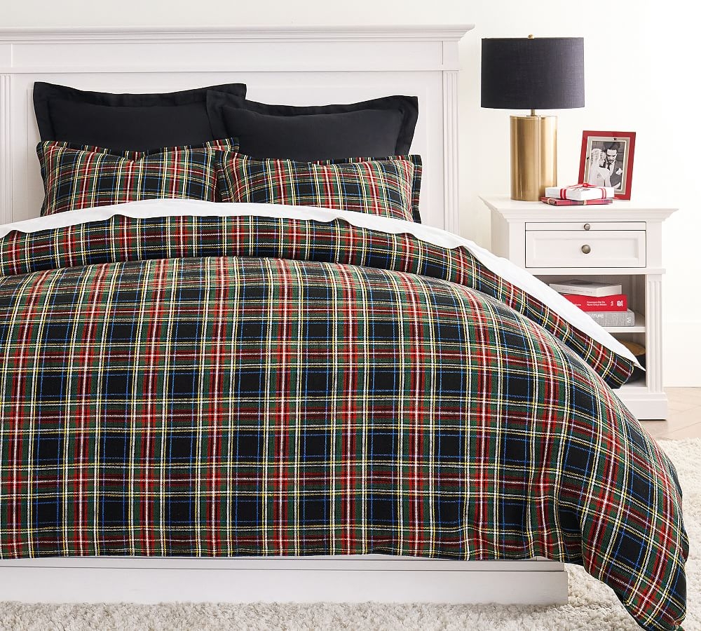 Black Stewart Plaid Cotton Duvet Cover, Full/Queen - Image 0