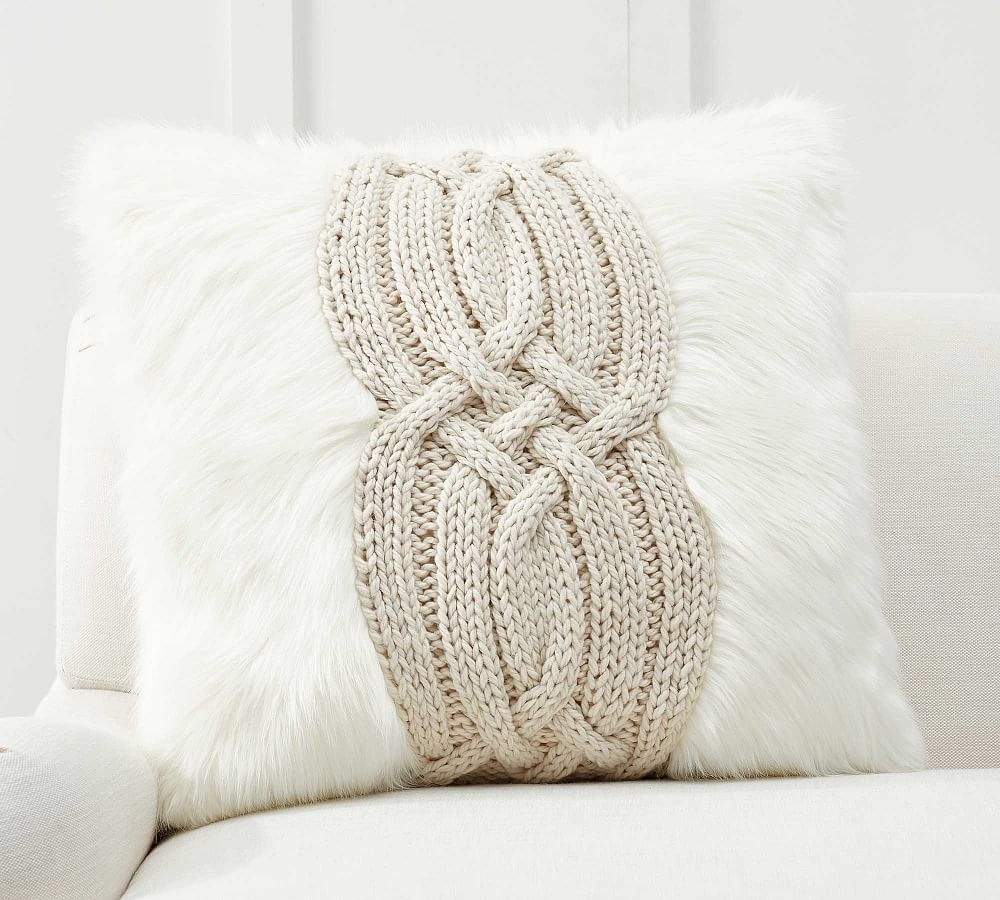 Cable Knit Faux Fur Pillow Cover, 26 x 26", Ivory - Image 0