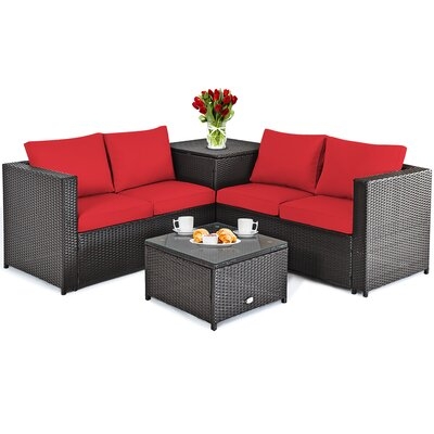 Costway 4pcs Outdoor Patio Rattan Furniture Set Cushioned Loveseat Storage Table Red - Image 0