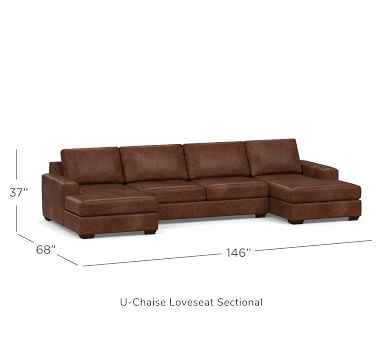 Big Sur Square Arm Leather U-Chaise Loveseat Sectional, Down Blend Wrapped Cushions, Statesville Caramel - Image 1