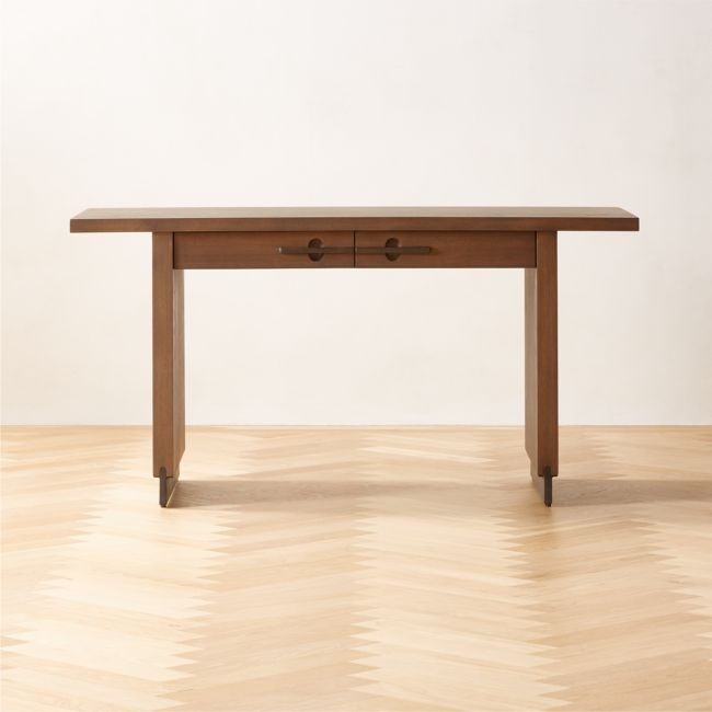 Stilt 2-Drawer Fumed Oak Wood Desk - Image 0