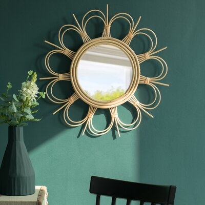 Flower Decorative Shape Natural Rattan Wood Round Modern Boho Hanging Wall Mirror - Image 0