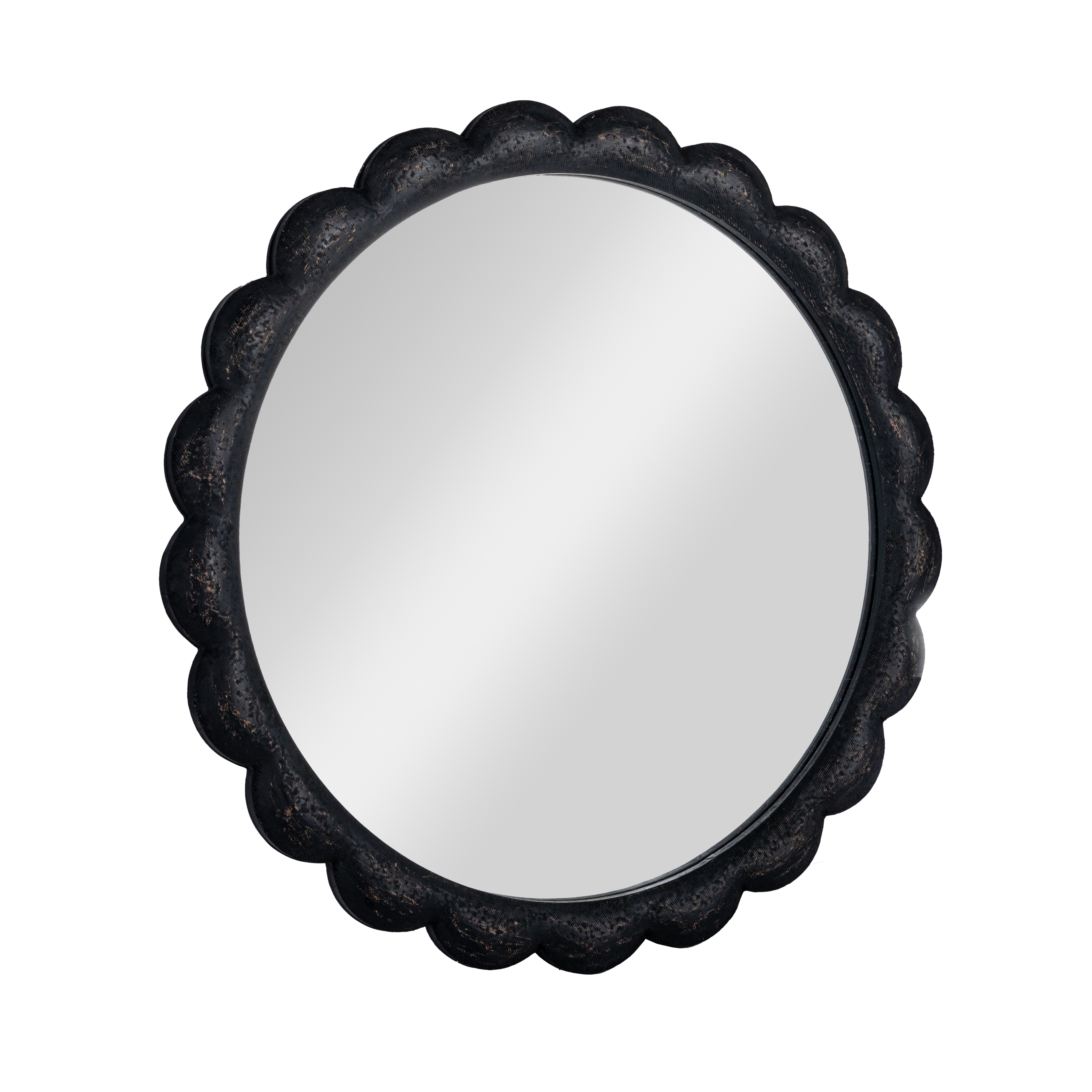 Round Scalloped Distressed Wood Wall Mirror, Black - Image 0