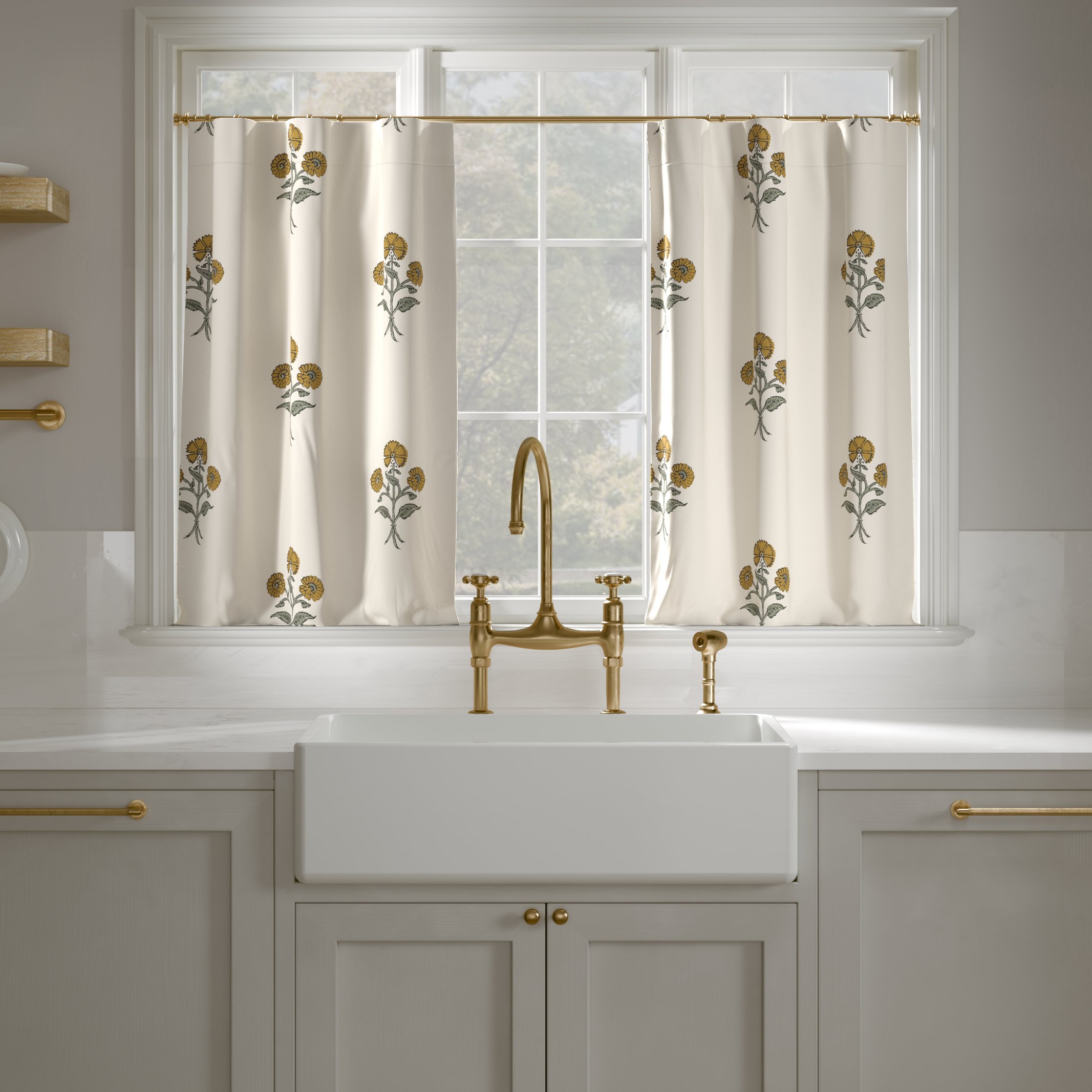 Printed Linen Café Curtain, Marigold Delphine, 25" x 24", Privacy - Image 0