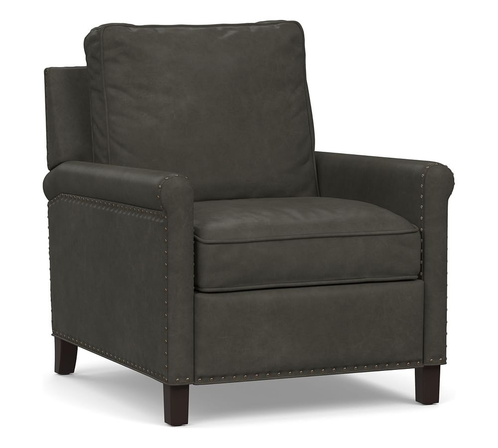 Tyler Roll Arm Leather Power Tech Recliner with Bronze Nailheads, Down Blend Wrapped Cushions Churchfield Ebony - Image 0
