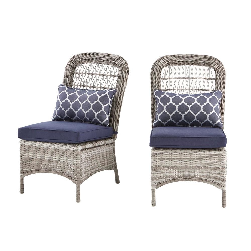 Hampton Bay Beacon Park Gray Wicker Outdoor Armless Dining Chair with Midnight Cushions (2-Pack) - Image 0
