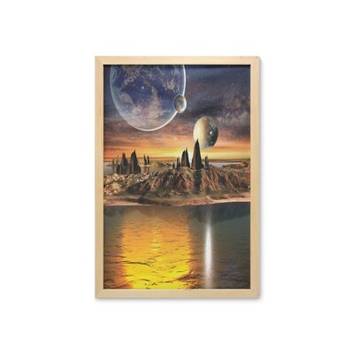 Ambesonne Fantasy Wall Art With Frame, Alien Planet Earth Moon And Mountain Surreal Sci Fi Galactic Future Cosmos Art, Printed Fabric Poster For Bathroom Living Room Dorms, 23" X 35", Multicolor - Image 0