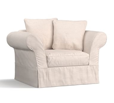 Charleston Slipcovered Chair-and-a-Half, Polyester Wrapped Cushions, Performance Heathered Basketweave Platinum - Image 1