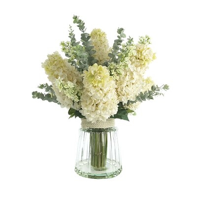 Traditional Thistle Hydrangea and Lilac Arrangement in Glass Vase with Rope Accent - Image 0