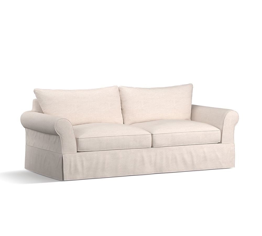 PB Comfort Roll Arm Slipcovered Sleeper Sofa, Scatter Back Memory Foam Cushions, Jumbo Basketweave Ivory - Image 0