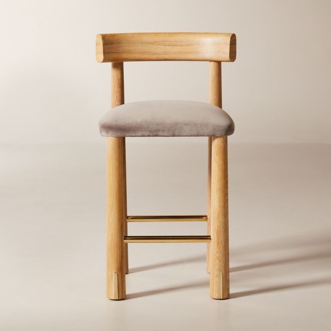 Perle Grey Performance Velvet and Oak Wood Counter Stool by goop - Image 0