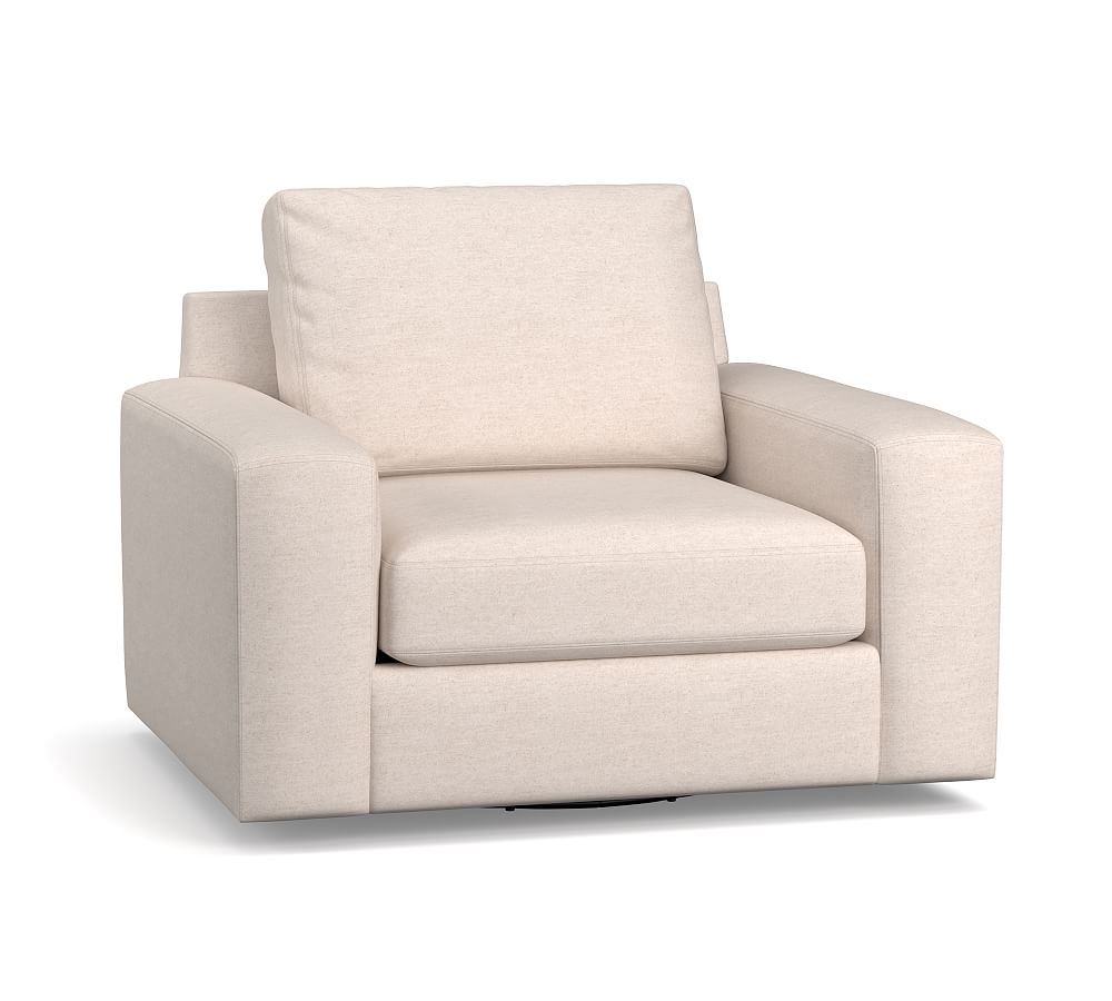 Big Sur Square Arm Upholstered Swivel Armchair, Down Blend Wrapped Cushions, Performance Heathered Basketweave Platinum - Image 0