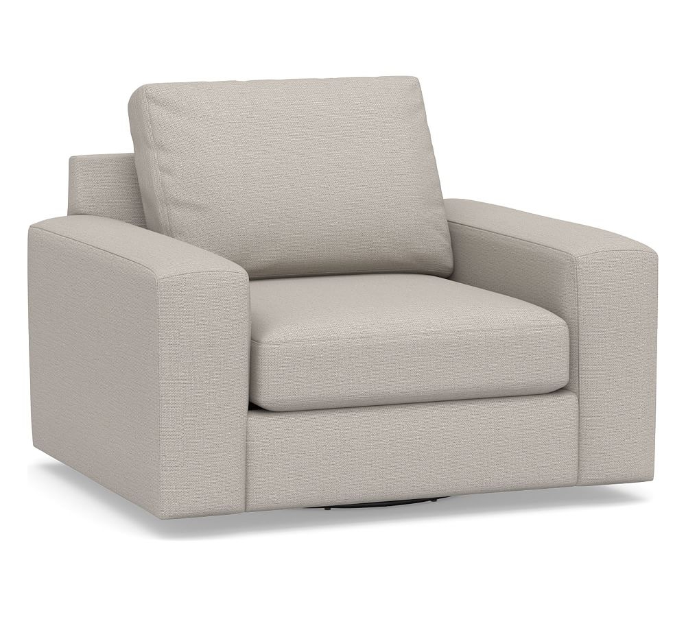 Big Sur Square Arm Upholstered Swivel Armchair, Down Blend Wrapped Cushions, Chunky Basketweave Stone - Image 0