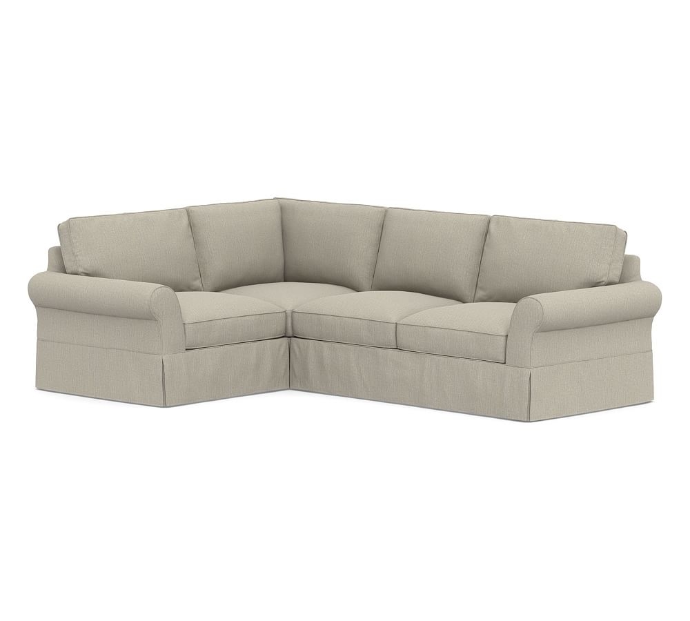 PB Comfort Roll Arm Slipcovered Right Arm 3-Piece Corner Sectional, Box Edge Down Blend Wrapped Cushions, Chenille Basketweave Pebble - Image 0