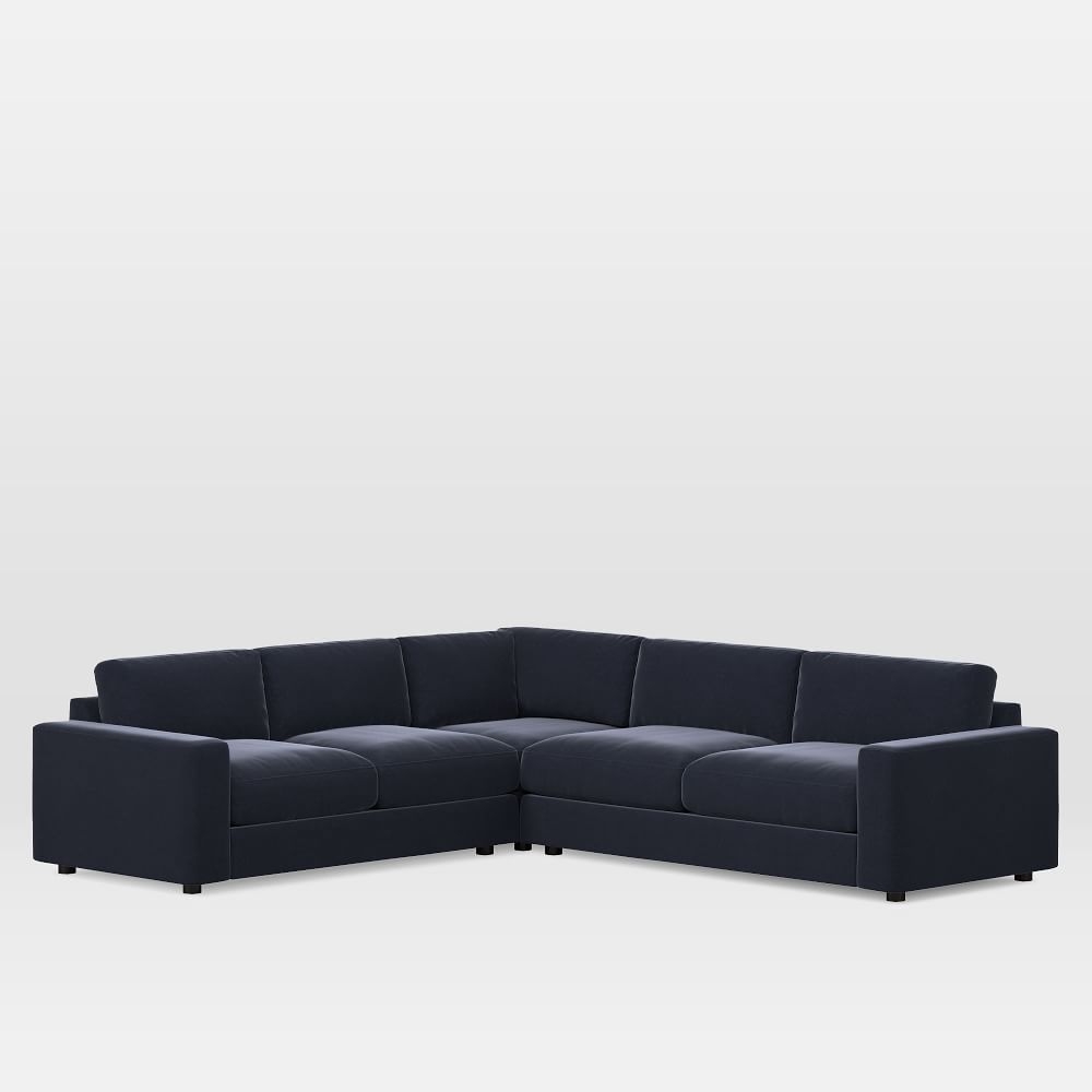 Urban 116" 3-Piece L-Shaped Sectional, Distressed Velvet, Ink Blue, Down Blend Fill - Image 0