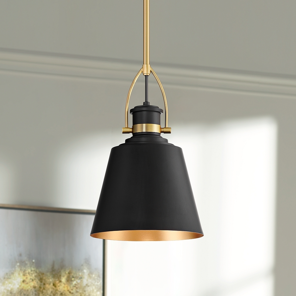 Possini Euro West 8"W Matte Black and Sand Gold Mini Pendant - Image 0