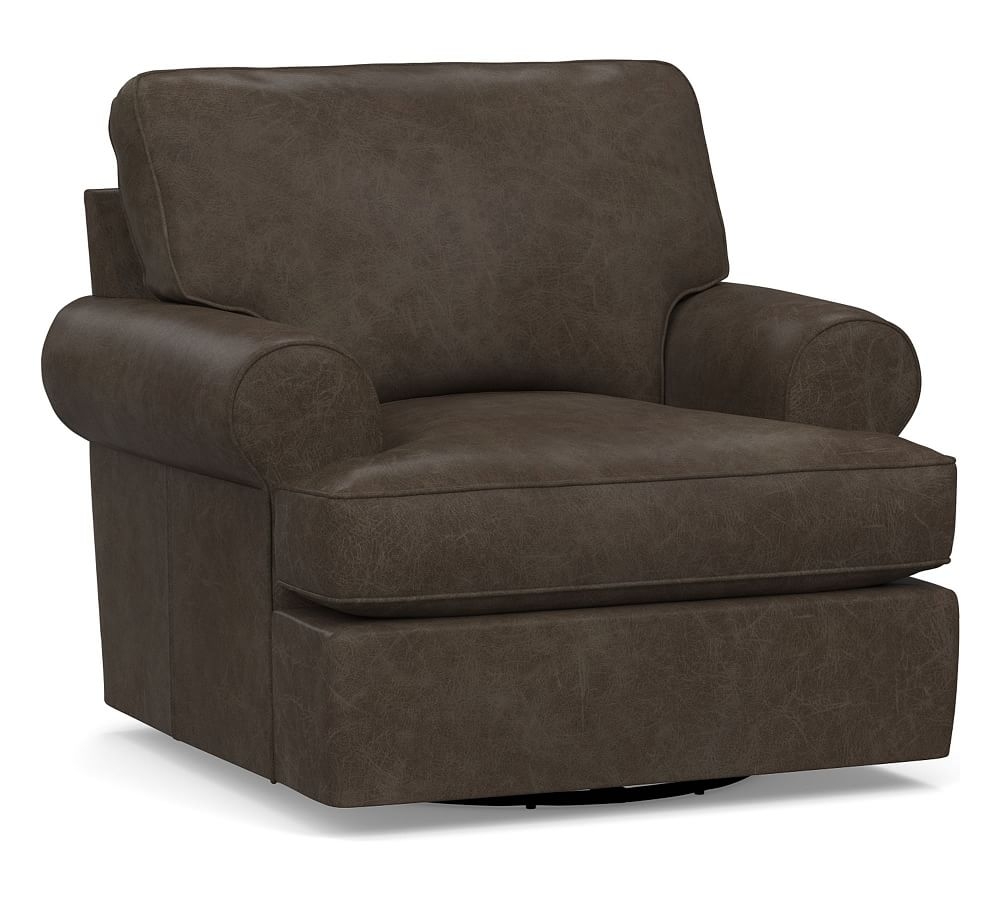 Buchanan Roll Arm Leather Swivel Armchair, Polyester Wrapped Cushions, Statesville Wolf Gray - Image 0