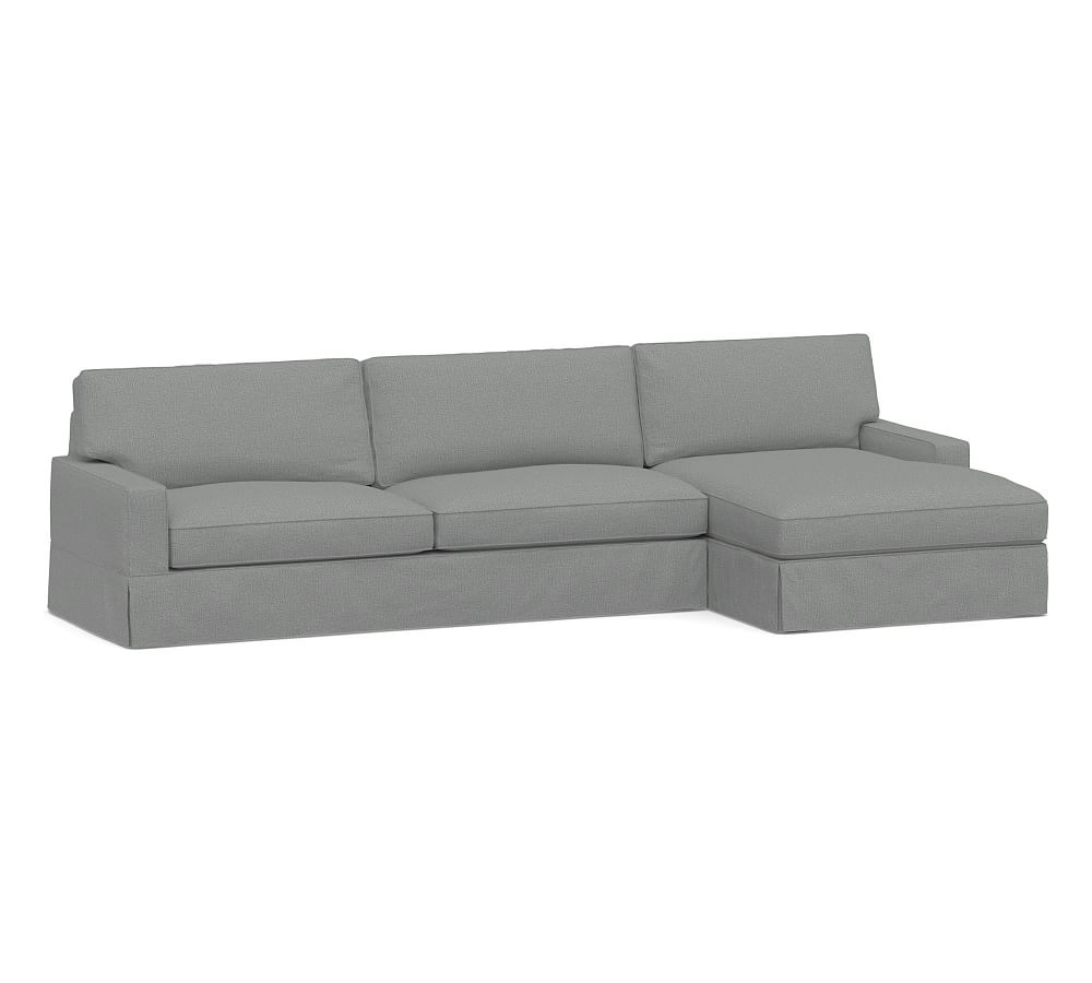 PB Comfort Square Arm Slipcovered Left Arm Sofa with Wide Chaise Sectional, Box Edge, Down Blend Wrapped Cushions, Performance Brushed Basketweave Chambray - Image 0