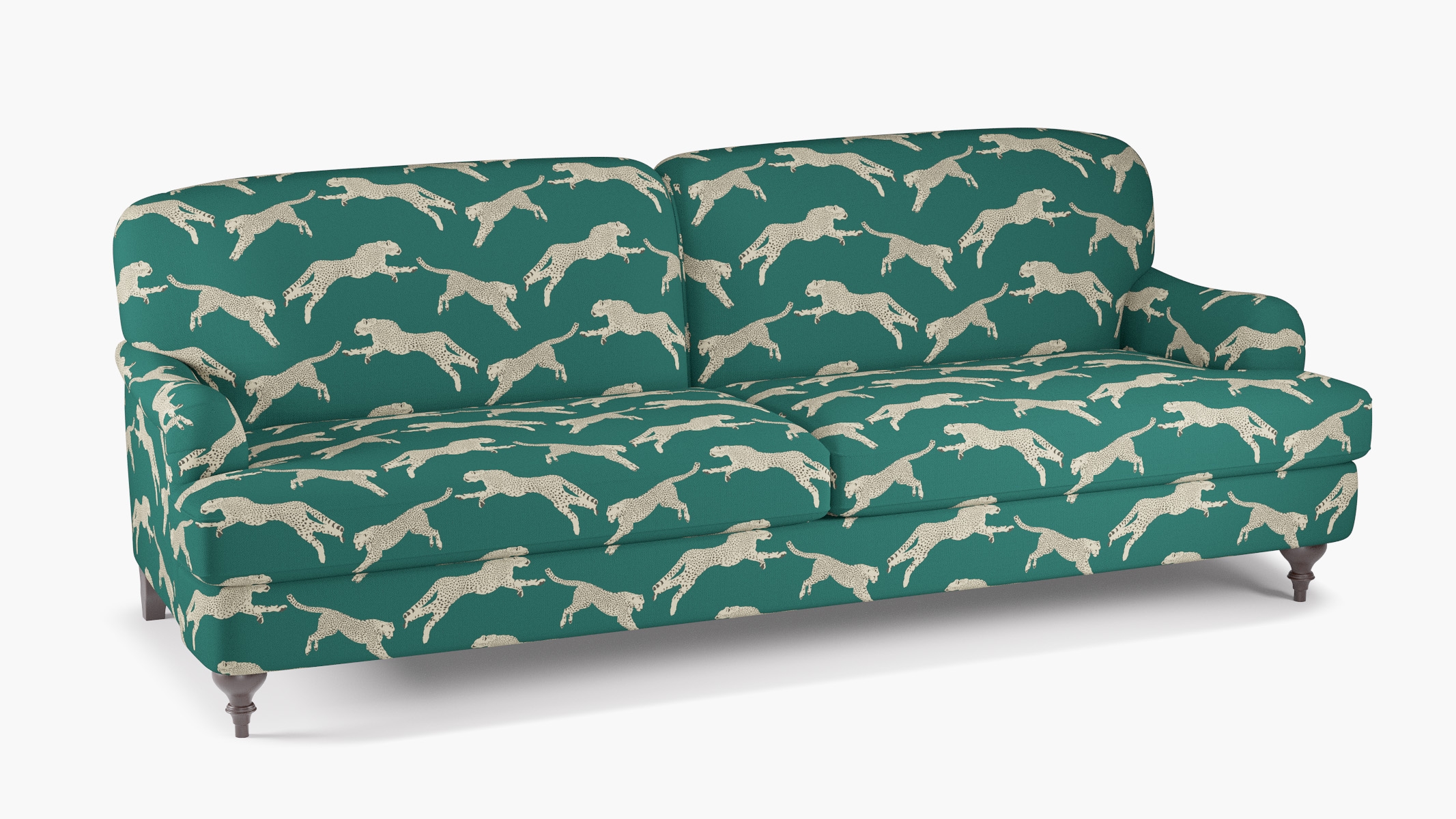 English Roll Arm Sofa, Polo Green Cheetah, Espresso Turned Wood Leg - Image 1