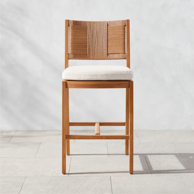 Roc Teak and Rattan Bar Stool with Ivory Sunbrella® Cushion - Image 0