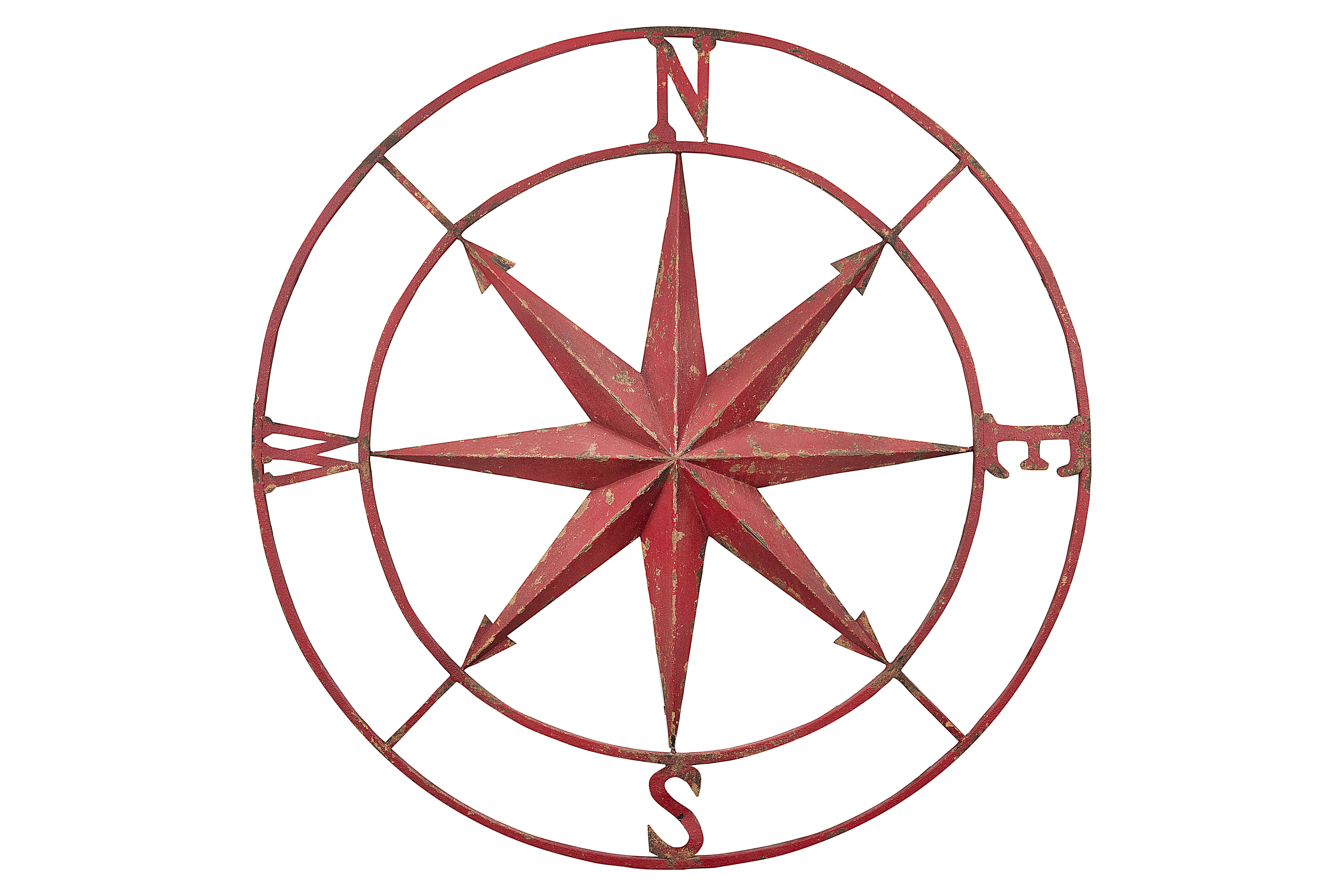 Small Decorative Red Metal Compass Wall Décor, 30 Inch - Image 0