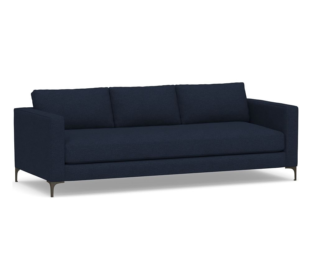 Jake Upholstered Grand Sofa 96" with Bronze Legs, Polyester Wrapped Cushions, Performance Heathered Basketweave Navy - Image 0