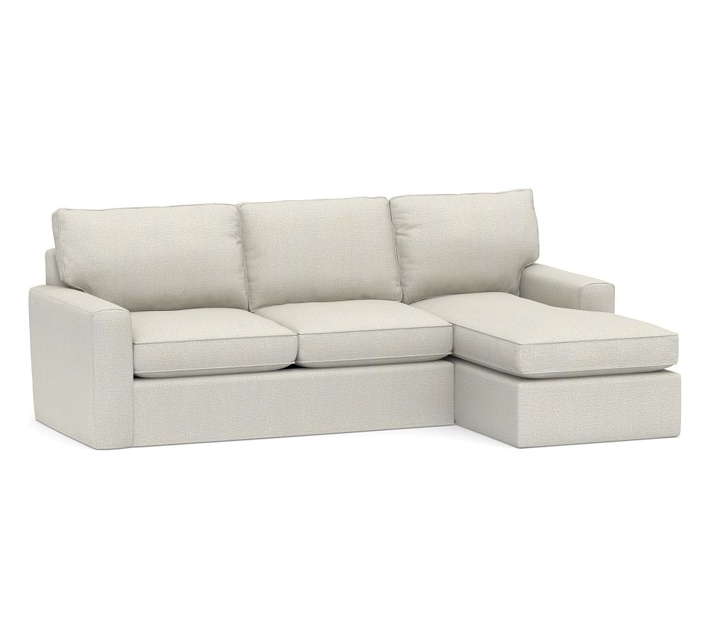 Pearce Square Arm Slipcovered Left Arm Loveseat with Chaise Sectional, Down Blend Wrapped Cushions, Performance Heathered Basketweave Dove - Image 0