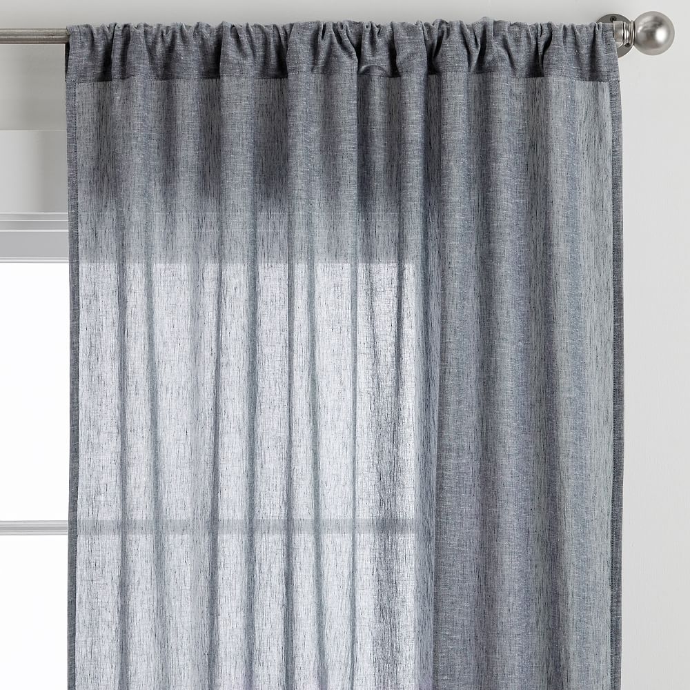 Cotton Linen Sheer Curtain, White/Navy, 44" x 84" - Image 0