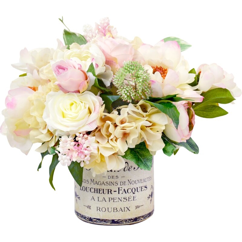 Mixed Peony and Hydrangea Floral Arrangement in Vase - Image 0