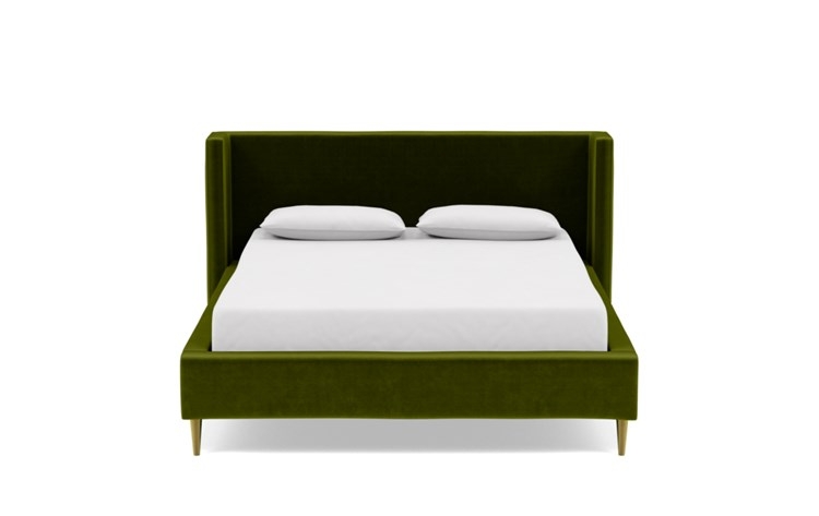 Oliver Queen Bed with Green Moss Fabric, low headboard, and Natural Oak with Antique Cap legs - Image 0
