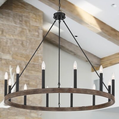 Langlois 12 - Light Candle Style Wagon Wheel Chandelier with Wood Accents - Image 0