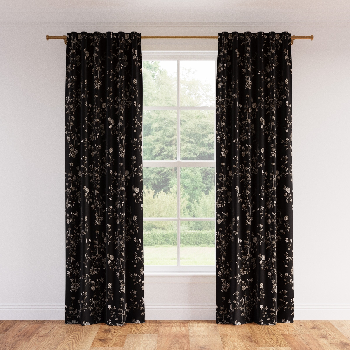 Printed Linen Curtain, Black Bamboo Garden, 50" x 96" - Image 0