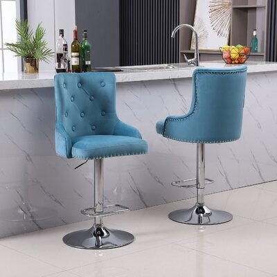 2x Velvet Bar Stool Chairs Studded Barstool With Backrest Adjustable Swivel Gas Lift Chrome Footrest & Base For Counter, Kitchen Island And Home - Image 0